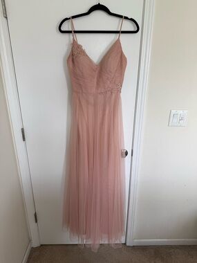 Jenny Yoo Blush Pink Tulle Maxi Dress with Lace Appliqué
